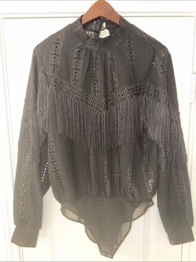 Forever 21 Black Fringe Lace Bodysuit Blouse